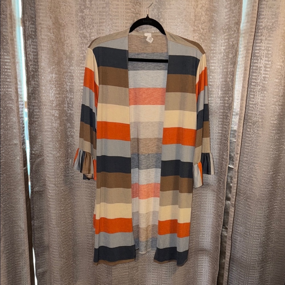 Striped Open Front Cardigan in Gray, Cream & Orange